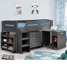 Load image into Gallery viewer, Kids Mid Sleeper Bed, Happy Beds Kimbo Anthracite Grey Wood Contemporary Desk Drawers Shelf Storage Bed Cabin Bed Frame - 3ft Single (90 x 190 cm) with Orthopaedic Mattress Included