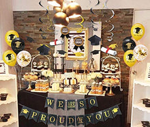 Load image into Gallery viewer, Graduation Party Decorations 2022 Black and Gold Graduation Congrats Balloons We are So Proud of You Banner Graduation Cap Garland Hanging Swirls Confetti Congratulations Balloons Grad Party Supplies