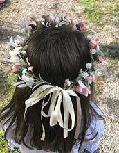 Load image into Gallery viewer, Merroyal Green Flower Crown Eucalyptus Crown Leaf Floral Crown Boho Wedding (Green Leaf Pink Flower)