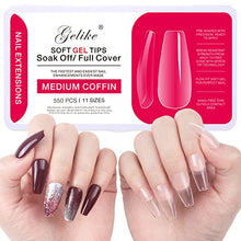 Load image into Gallery viewer, Gelike Soft Gel Full Cover Tips Kit for Soak Off Nail Extensions, 550 Pcs Clear Medium Coffin Jelly Tips False Press on Nails, 11 Sizes