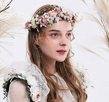 Load image into Gallery viewer, Merroyal Green Flower Crown Eucalyptus Crown Leaf Floral Crown Boho Wedding (Green Leaf Pink Flower)