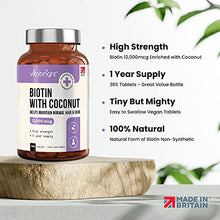 Load image into Gallery viewer, Biotin Hair Growth Supplement 12,000mcg - 365 High Strength Biotin Tablets for Hair - 1 Year Supply - Vegan Friendly Biotin Coconut Oil Supplement - for Normal Skin & Hair Growth in Men & Women