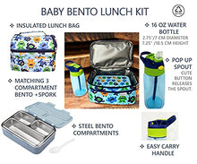Load image into Gallery viewer, Stainless Steel Bento Box, Lunch Bag and Water Bottle Set for Toddlers. Snack Container for Small Kids, Baby Boys, Toddler Daycare or Pre-School Lunches. Blue Mini Monster