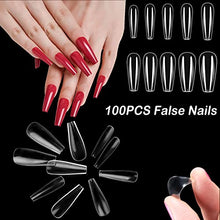 Load image into Gallery viewer, Clear Long Coffin False Nail Tips 100PCS False Nails with Glue Full Cover Nail Tips Fake Nails Artificial Fingernails Tip French Clear Acrylic Nail Tips False Press on Nails 10 Sizes