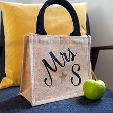 Load image into Gallery viewer, Personalised mini jute bag | Personalised teacher gifts | UK (Black bag - Black text)
