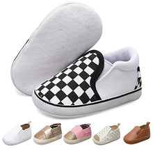 Load image into Gallery viewer, JOINFREE Baby Boys First Walking Shoes Comfort Anti-Slip Slip-on Infant Playing Shoes White/Plaid 0-6 Months