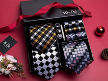 Load image into Gallery viewer, Hi-Tie Silk Mens 3 PCS Tie Set with Gift Box Designer Necktie Handkerchief Cufflinks Silver Ties Clip Set Collection, Pink Gray Orange, Medium