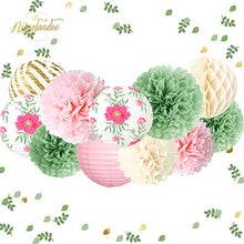 Load image into Gallery viewer, NICROLANDEE Butterfly Party Decorations -12PCS Green Pink Blooms Tissue Pom Poms Paper Lantern 3D Gold Confetti 50G for Garden Birthday Party, Fairy Party, Wedding, Baby Shower, Holiday, Home Decor