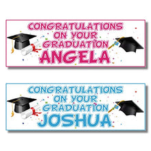 Load image into Gallery viewer, 2 Personalised Graduation Banners - Congratulations - Any Name - Any Message (Approx 3ft x 1ft) (Blue)