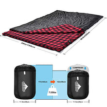 Load image into Gallery viewer, Cotton Flannel Double Sleeping Bag For Camping, Backpacking Or Hiking. Queen Size 2 Person Waterproof Sleeping Bag For Adults Or Teens. Truck, Tent, Or Sleeping Pad, Lightweight (Black/Red)