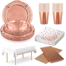 Load image into Gallery viewer, 24 Guests Rose Gold Party Supplies Party Plates Paper Cups Napkins Straws Table Cloth for Birthday Wedding Engagement Hen Party Decorations Rose Gold Party Tableware