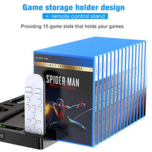Load image into Gallery viewer, Benazcap PS5 Console Stand Accessories with Cooling Fan and PS5 Controller Charging Dock,Multifunctional Vertical Stand with Controller Charging Station,With 15 Pcs Game Discs Storage,Black