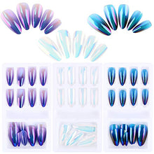 Load image into Gallery viewer, 72 Pieces Reusable Artificial Nail Tips Full Cover Nail Tips Press On Nails Art False Tips Gradient Purple Glitter Silver Shinning Dark Blue