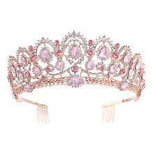 Load image into Gallery viewer, Lurrose Bridal Crown Sparkle Rhinestone Queen Tiara Vintage Crystal Princess Crown with Side Comb for Wedding (Rose Gold and Pink)