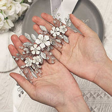 Load image into Gallery viewer, Vakkery Bride Flower Wedding Hair Vines Silver Crystal Headbands Floral Bridal Hair Accessories for Women and Girls