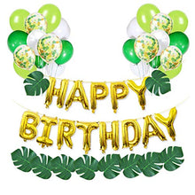 Load image into Gallery viewer, Jungle Theme Party Supplies - 16 inch Happy Birthday Banner with 12pcs Palm Leaves 30pcs Latex Balloons 5pcs Confetti Balloons and 1pcs Balloon Strip for Dinosaur Jurassic Forest Hawaiian Party Decor