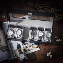 Load image into Gallery viewer, SONGMICS 6-Slot Watch Box, Glass Topped Watch Display Storage Case as Gift, with Velvet Lining, Cushions, and Lock, 30 x 11.2 x 8 cm, Black Synthetic Leather, Grey Lining JWB06BK