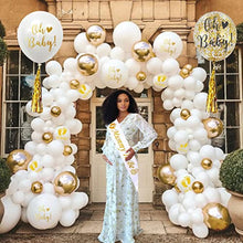 Load image into Gallery viewer, Baby Shower Decorations Boy or Girls, White and Gold Baby Shower Decorations with Mummy to be Sash, Baby Shower Banner, Printed Balloons and Oh Baby Cake Topper, Gold Gender Reveal Decorations