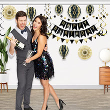 Load image into Gallery viewer, Premium Reusable Birthday Party Decorations - Birthday Decoration Set - Party Supplies - Happy Birthday Banner, Birthday Bunting - Black and Gold Birthday Decorations for Men Women 18th 30th 40th 50th
