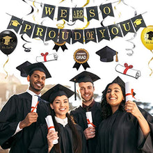 Load image into Gallery viewer, Graduation Party Decorations 2022 Black and Gold Graduation Congrats Balloons We are So Proud of You Banner Graduation Cap Garland Hanging Swirls Confetti Congratulations Balloons Grad Party Supplies