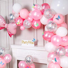 Load image into Gallery viewer, PartyWoo Pink Balloons, 100 pcs Pack of Pink Balloons, Pastel Pink Balloons, Silver Glitter Balloons, White Balloons, Bow Tie Foil Balloon and Laser Butterflies for Girl Baby Shower, Girl Birthday