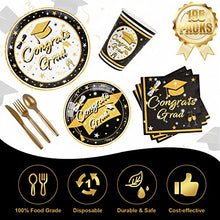Load image into Gallery viewer, OurWarm Black Gold Graduation Party Supplies 2022, Graduation Party Tableware Including Tablecloth Banner Paper Party Plates Cups Straws Napkin Dinnerware Set for Graduation Decoration - for 24 Guests