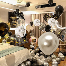 Load image into Gallery viewer, OXOSED Party Decorations - Happy Birthday Banner with Silver, Black, Silver Confetti Party Balloons – Complete Birthday Decorations Set for Men and Women - Happy Birthday Banner Black and Silver