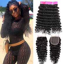 Load image into Gallery viewer, EMOL Hair Brazilian Human Hair Bundles with Closure 10 12 14+10 Inch Deep Wave Bundles with Closure Brazilian Curly Hair Bundles and 4x4 Free Part Lace Closure Natural Black Color