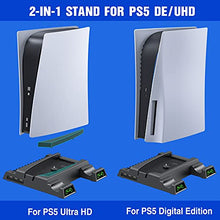 Load image into Gallery viewer, PS5 Cooling Stand for Playstation 5 Console, PS5 Vertical Stand and Dual Controller Chargers, PS5 Accessories Holder with 13 Game Storage for PS5 Console/ PS5 Digital Edition/Ultra HD