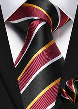 Load image into Gallery viewer, HISDERN Men's Tie Striped Ties Wedding Tie Red & Black Silk Necktie Pocket Square Set