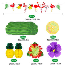 Load image into Gallery viewer, Yojoloin 128 Pcs Hawaiian Tropical Party Decoration Set,Hawaiian Table Skirt+20 Pcs Palm Leaves+30 Pcs Hawaiian Flowers+1 Pcs Flamingo Banner for Beach Summer and Hawaiian Theme Party