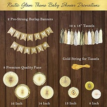 Load image into Gallery viewer, YARA Baby Shower Decorations Neutral | Woodland Rustic Boho Theme Oh Baby Decoration for Girl & Boy, Gender Reveal & Birthdays | Burlap Welcome Baby Banner, Gold & Cream Decor Paper Fans & Tassels