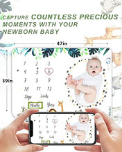 Load image into Gallery viewer, Trongle Baby Monthly Milestone Blanket, Premium Fleece Ultra Soft Baby Milestone Mat for Newborn Boy Girl, Baby Age Blanket with 4 Photograph Décor, Unisex Shower Gifts Wrap Set for Xmas (120x100cm)