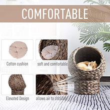 Load image into Gallery viewer, PawHut Woven Banana Leaf Elevated Cat Bed Wicker Kitten Basket Pet Den. House Cozy Cave with Soft Cushion Dome 42x33x52cm Grey