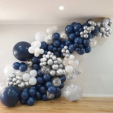 Load image into Gallery viewer, Navy Blue Balloons Arch Garland Kit, Navy Blue White Balloons Metallic Silver Balloons Navy Blue Tablecloth Silver Confetti Balloons for Birthday Wedding Party Decorations