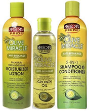 Load image into Gallery viewer, African Pride Olive Miracle Anti-Breakage Moisturizer Lotion, Growth Oil and 2-in-1 Shampoo & Conditioner