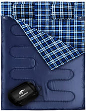 Load image into Gallery viewer, WERTYCITY Double Sleeping Bag Cotton Flannel for Camping Backpacking Hiking, Queen Size XL for 2 Person, Cold Weather Lightweight Waterproof Sleeping Bag with 2 Pillows for Adults and Kids(Navy)