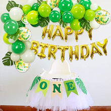 Load image into Gallery viewer, Jungle Theme Party Supplies - 16 inch Happy Birthday Banner with 12pcs Palm Leaves 30pcs Latex Balloons 5pcs Confetti Balloons and 1pcs Balloon Strip for Dinosaur Jurassic Forest Hawaiian Party Decor