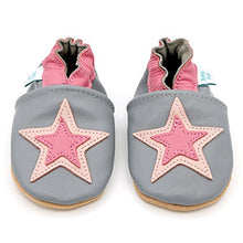 Load image into Gallery viewer, Dotty Fish Soft Leather Baby Shoes. Toddler Shoes. Non Slip. Soft Grey Shoe with Pink Star Design for Girls. 0-6 Months (1 UK Child)