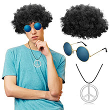 Load image into Gallery viewer, Dacitiery 3 Pcs Hippie Costume Set, Funky Afro Wig VintageSunglasses and Peace Sign Necklace Fancy Dress Hippy Accessories for60s/70s Theme Party( Black)