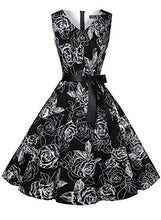 Load image into Gallery viewer, ihot Women's Vintage 1950s Classy Rockabilly Retro Floral Pattern Print Cocktail Evening Swing Party Dress, 28-v Neck Black, XL