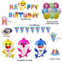 Load image into Gallery viewer, Party Squad shark party theme happy birthday decoration set birthday banner balloons with shark family helium balloons cake topper and bunting banner for kid’s birthday decoration girls and boys