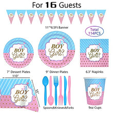 Load image into Gallery viewer, Heboland Gender Reveal Party Supplies Tableware Set, 16 Guests Boy or Girl Plates Napkins Tablecloth Cups Knives Forks Spoons Banner Decorations