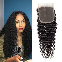 Load image into Gallery viewer, Brazilian Virgin Human Hair Deep Wave Lace Closure 4x4 Free Part 100% Unprocessed Virgin Brazilian Deep Curly Human Hair Lace Closure Natural Black Color (14Inch, Deep 4x4 Closure)