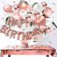 Load image into Gallery viewer, iZoeL Rose Gold Birthday Party Decoration for Girls Women Happy Birthday Banner, Rose Gold Fringe Curtain Foil Tablecloth, Heart Star Confetti Balloons and 10g Table Confetti