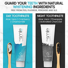 Load image into Gallery viewer, Day & Night Teeth Whitening Kit - with 60ml Each Aloe Vera Toothpaste, Activated Charcoal Toothpaste & 2 Bamboo Toothbrushes for Fresh Breath & White Teeth - Vegan, Peroxide Free & Enamel Safe