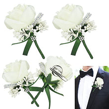 Load image into Gallery viewer, JUNMEIDO 4 PCS Rose Wedding Boutonniere White Boutonniere Handmade Corsage Buttonhole Flowers Artificial Wedding Prom Banquet Flowers Decor with Pin&Clip for Groom Men Bridal Women Suit Dress