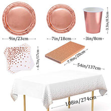 Load image into Gallery viewer, 24 Guests Rose Gold Party Supplies Party Plates Paper Cups Napkins Straws Table Cloth for Birthday Wedding Engagement Hen Party Decorations Rose Gold Party Tableware