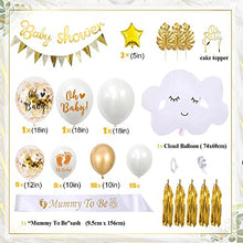 Load image into Gallery viewer, Baby Shower Decorations Boy or Girls, White and Gold Baby Shower Decorations with Mummy to be Sash, Baby Shower Banner, Printed Balloons and Oh Baby Cake Topper, Gold Gender Reveal Decorations