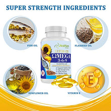 Load image into Gallery viewer, JeaKen - Omega 3 6 9 Fish Oil 1000mg - High Strength Essential Fatty Acids Supplement - Fish Oil Flaxseeds Oil and Sunflower Seed Oil - Distilled DHA EPA Contaminant Free - 120 Fish Oil Softgels